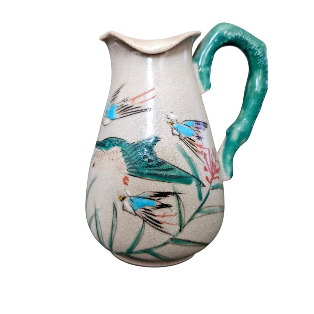 Vintage Japanese Hand Painted Bird Crane Ceramic Pitcher Crackle Glaze
